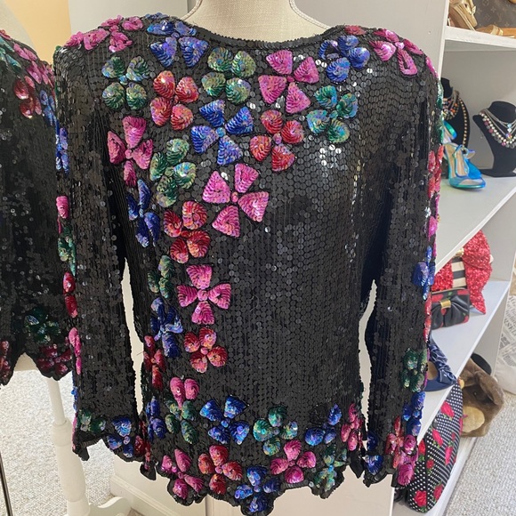 Vintage 100% silk sequined top Sz M 70s 80s 90s Black Floral - Picture 6 of 16